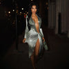 Sexy Gradient Color Irregular Ribbon Dresses Woman Deep V Long Sleeve Shirring Bodycon Dress Elegant Party Clubwear