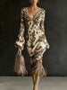 Women's Vintage Camo Print Knitted Maxi Dress Elegant V-Neck High Waist Flare Long Sleeve Slim Fit Tassel Hem Sweater Chic Dress