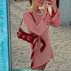 Women Vintage Striped Knitted Mini Dress Y2K Long Sleeve Slim Short Sweater Dress Elegant Ladies Holiday Beachwear