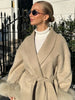 Women Grey Fur Splicing Woolen Coat Casual Belt Full Sleeve Lapel Loose Cardigan Outwear Lady Winter Highstreet Jacket