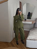Women's Olive Green Two Piece Set Chic Padded Shoulder Cinched Waist Blazer High Waist Jogger Pants Streetwear Office Outfit