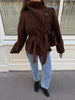 Brown Suede Belt Short Trench Coat Women High Funnel Collar Epaulet Raglan Sleeve Waist Tie Coats Vintage Autumn Commuter Jacket