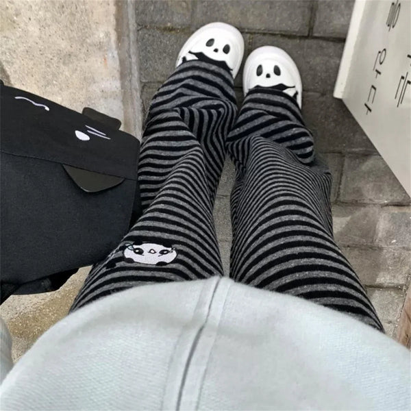 Harajuku Cartoon Embroidery Pants Women Kawaii Striped Loose Korean Trouser Shorts Y2K Subculture Vintage Female Wide Leg Pants