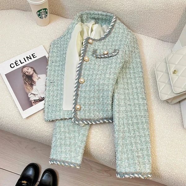 Coarse Tweed Small Fragrant Style Short Coat Women's Spring Autumn Round Neck Socialite Jacket Casual Top