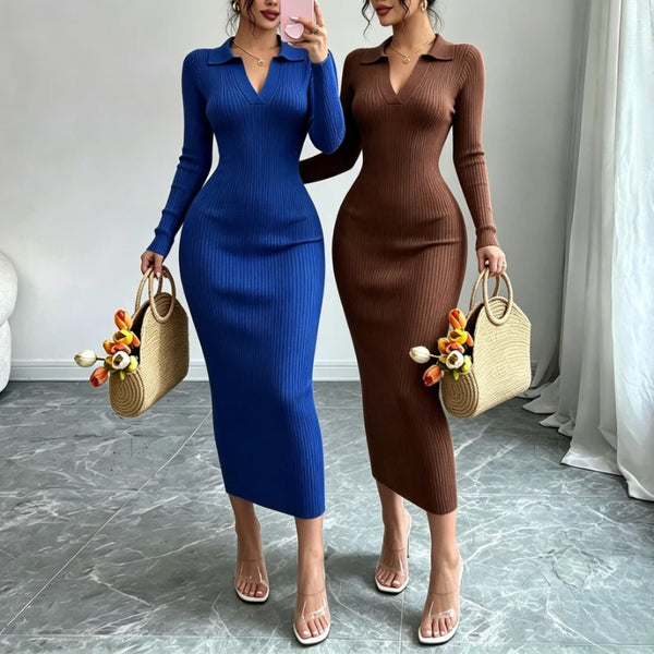 Women Polo Collar Knit Maxi Long Dress Elastic Ribbed Long Sleeve Bodycon Sweater Dress Elegant Ladies Party Casual Outfits