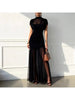 Elegant Sheer Maxi Dress Women High Neck Cap Sleeve Ruched Bodycon Mini Skirt Overlay Tulle Floor Length Evening Party Dress
