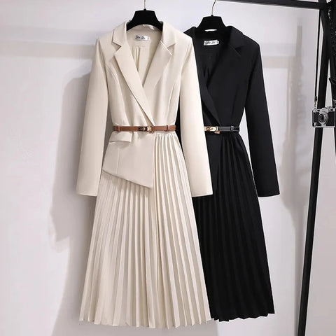 Women's Korean Blazer Patchwork Design Long Sleeve Dresses Office Lady Elegant High Waist Black Slim Pleated Midi Dress
