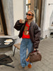Warm V-Neck Thick Leather Short Jacket Woman Long Sleeves Loose Versatile Coats Casual Street Women's Autumn Winter Jackets