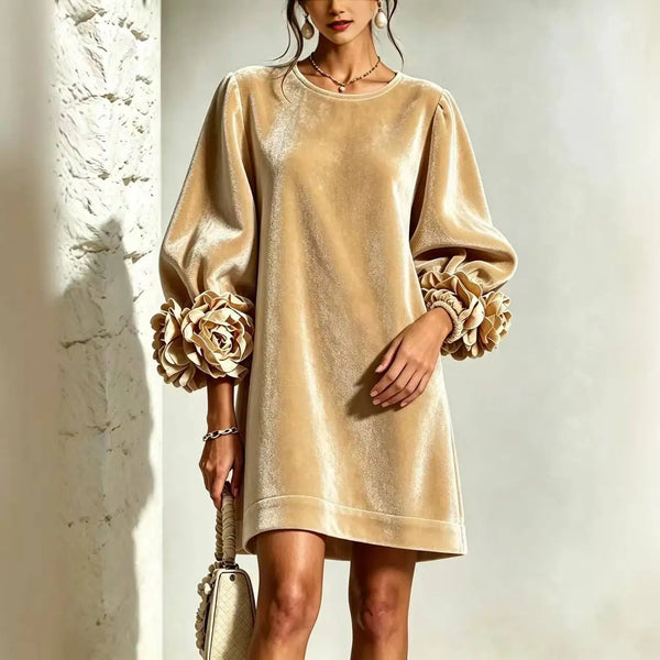 Fall Winter Women Korean Velvet Dress, Long Sleeve Dress with 3D Stereo Floral Cuffs for Party Daily