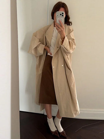 Women Oversized Stand Collar Trench Coat Loose Snap Button Full Sleeve Long Windbreaker Autumn Lady Casual Outfits