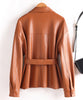 Women Split Leather Blazer With Slim Waist Belt Spring Autumn Notched Collar Loose Leather Jacket Female Coat