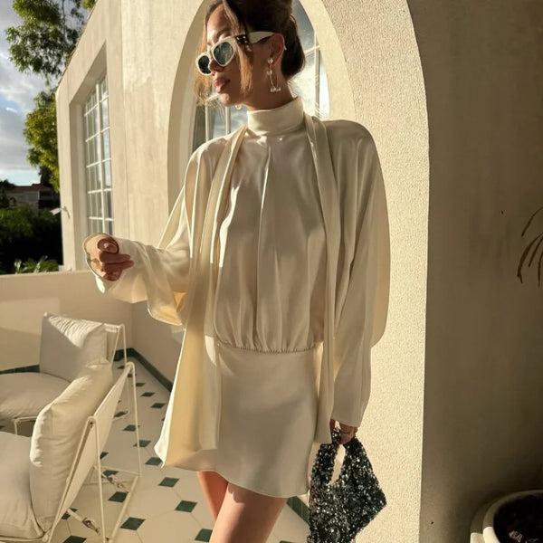 Women's Elegant white Ruched Short Dress Casual Stand Neck Long Sleeve Mini Dresses Autumn party Female Clothing