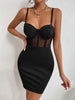 Black Sheer Mesh Slim Dress Women Sexy Thin Strap Lace Square Neck Ruched Detail Long Sash Tie Dresses Lady Club Party Y2k Wear