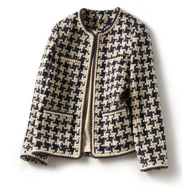 Elegant Weave Plaid Women Tweed Blazer Autumn Winter Women's Jacket Pocket Office Ladies Suit Coats Long Sleeve Mujer Clothes
