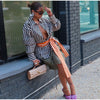 Vertical Stripe Two Piece Outfit Stand Collar Zip Up Jacket Elastic Waist Wide Leg Pants Loose Women Casual High Street Set