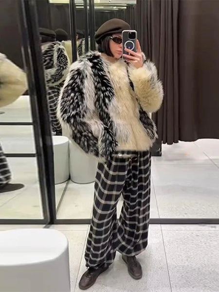 Print Faux Fur Jackets Women Loose O Neck Long Sleeves Fluffy Warm Parka Female Winter Chic Street Outwears