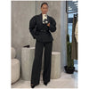 Lady Black Pinstripe Two Piece Suit Belted Wrap Long Sleeves Blazer Wide Leg Pants Sets Autumn Chic Formal Business Set