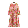 Boho White Blue Totem Print Bow Lacing up Neck Long Straight Dress Women Viscose Cotton Full Sleeve Maxi Robe Holiday