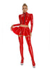 Women Glossy 2-piece PU Leather Club Outfits Long Sleeve Front Zipper Crop Jacket and Pleated Miniskirt Set for Pole Dance Raves