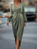Women's Satin Evening Party Maxi Dress Draped Silk V-Neck Long Sleeve Office Lady Midi Dresses Vestidos Sexy Chic Robes Longue