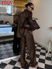 Loose Brown Satin Women's Two Pieces Set Elegant Long Sleeve Shirt With High Waist Wide Pants Set FemalaCla