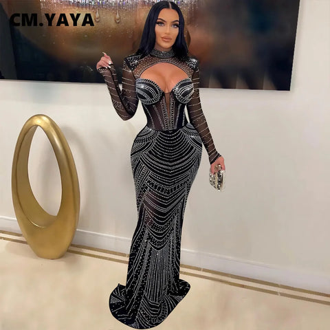 Women Mesh See Though Diamonds Rhinestones Cutout Front Long Sleeve Sexy Party Club Evening Prom Maxi Long Dress