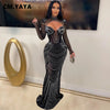 Women Mesh See Though Diamonds Rhinestones Cutout Front Long Sleeve Sexy Party Club Evening Prom Maxi Long Dress