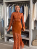 Ladies Lace Overlay Satin Mermaid Gown High Neck Long Sleeve Cutout Sheer Slim Dress Wedding Guest Party Dresses