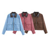 Women's Pink Corduroy Pu Leather Collar Cropped Jacket Long Sleeve Zipper Coat All-match Spring Autumn Outfit