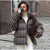 Winter Women Striped Hooded Cotton Jacket Long Sleeve Stand Zipper Buttons Thickening Padded Jackets Casual Office Lady Coat
