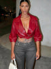 Crop Jacket Women PU Fall Wild Deep V-Neck Elegant Belt Buckle Zip Full Sleeve Streetwear Office Classic Coat