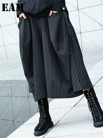 High Elastic Waist Black Striped Long Wide Leg Casual Pants Trousers Women Tide Spring Autumn 1DH8290