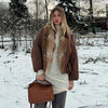 Vintage Faux Fur Patchwork Women Thicken Coat Long Sleeve Belt V-neck Female Outwear Winter Lady Streetwear