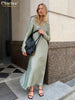 Casual Black Satin Women'S Dress O-Neck Long Sleeve Ankle Length Dresses Elegant Classic Solid Female Dress