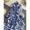 Spring Autumn Retro Palace Long Sleeved Standing Neck Waist Slim Appearance Single woman Breasted A-line Celadon Print Dress