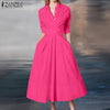 Women Street Crossover Waist Midi Dresses Elegant Long Sleeve Collared Shirtdress Commuting Solid Color Robes