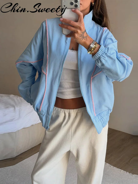 Casual Patchwork Women Coat Elegant Long Sleeve Zippers Pocket Stand Collar Female Outwear Autumn Winter Lady Streetwear