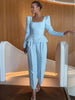 Elegant Woolen Top Pants Women Sets Chic Long Sleeve Slash Neck Pleated Blouse Straight Trousers Autumn Winter Lady Suit