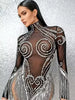 Sexy Black See Through Mesh Sequins Tassel Mini Dress Long Sleeves Sparkly Rhinestone Women Latin Dance Team Photoshoot Dress