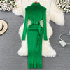 Turtleneck Sexy Wrap Hips Knitted Dresses Women Autumn Winter Long Sleeve Bodycon Sweater Dress with Belt