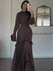 High Neck Ruffled Bell Sleeve Belted Waist Tiered Hem Elegant Maxi Dress Women Formal Evening Gown