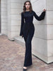 Autumn Elegant O-Neck Long Flare Sleeve Ruched Slim Fit Ribbon Long Dress Women'S Solid Casual Party Club Outfit