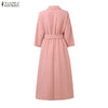 Plus Size Women Stylish Belted Pleated Maxi Dresses Long Sleeve Lapel Half Buttons Solid Color Long Dress Streetwear 5XL