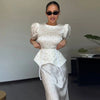 Women's White Floral Print Puff Sleeve Dress With Waistband Satin Ruffled Hem Maxi Dress Lady Elegant Party Robes