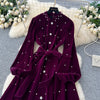 Women Rhinestone Lace Up Dresses Velvet Solid Dress A Line Lantern Sleeve Ankle Lenth Single Breasted Casual Elegant Autumn