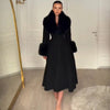 Women Detachable Faux Fur Collar Long Wool Blend Elegant A‑line Maxi Dress Coat Winter Vintage Slim Fit Wedding Outerwear