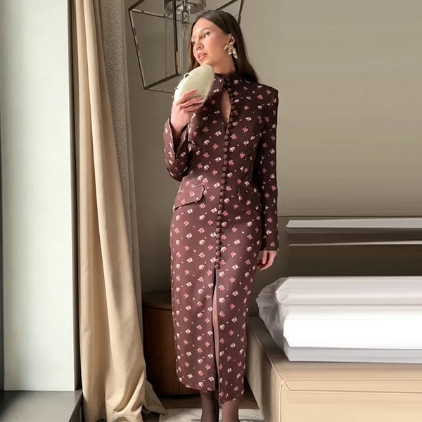Vintage Floral Print Sheath Women's Dress Chic High Neck Long Sleeve Button Front Midi Dress Elegant Commuting Clothing