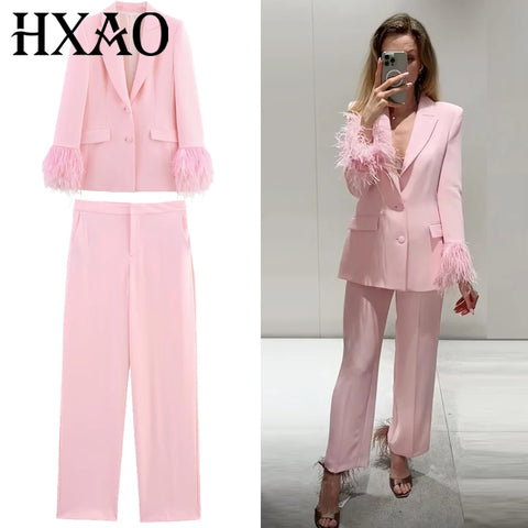 Woman Pink Feather Pant Sets Women's Two Pieces Set Long Sleeve Suit Outfit Office Wear Woman High Waist Trousers Sets