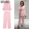Woman Pink Feather Pant Sets Women's Two Pieces Set Long Sleeve Suit Outfit Office Wear Woman High Waist Trousers Sets