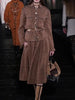 Female Elegant Turndown Collar Sequin Tweed Jacket Sets Belt Single Breasted Autumn Coat Two-Piece Set Mid-Calf Skirts Outfits